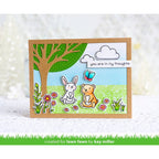 Card with bear, rabbit, butterfly, tree, and cloud with 'you are in my thoughts' message on a white background.