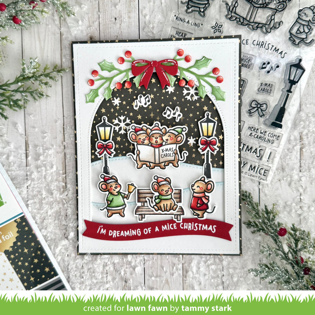 Christmas card with cartoon mice and festive elements on a wooden background