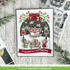 Christmas card with cartoon mice and festive elements on a wooden background
