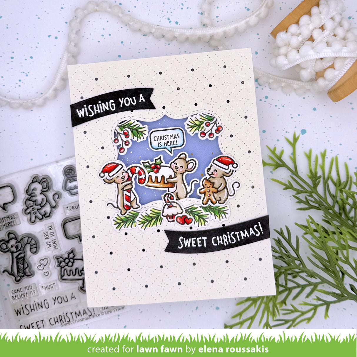 Christmas card with cartoon mice and festive elements on a white background