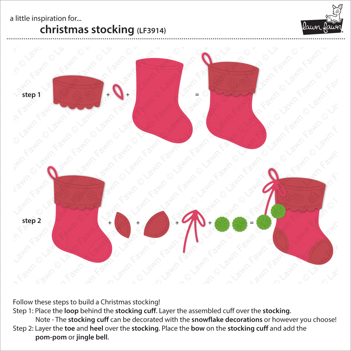 Instructions for building a Christmas stocking with red and brown details on a white background.
