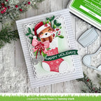 Christmas-themed card with a fox in a Santa hat and candy cane, surrounded by festive decorations.