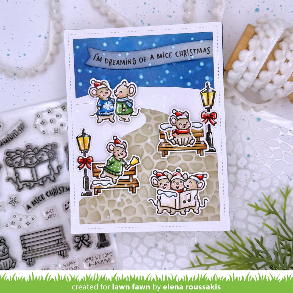 Christmas-themed card with cartoon mice and decorative elements on a white background.