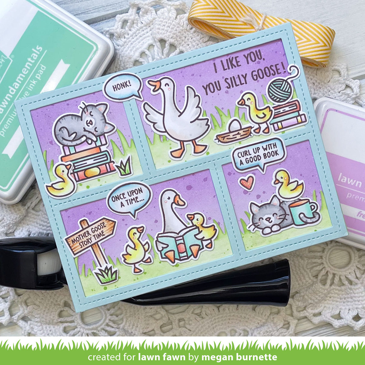 Lawn Fawn Cozy Cats Stamps and Dies silly goose