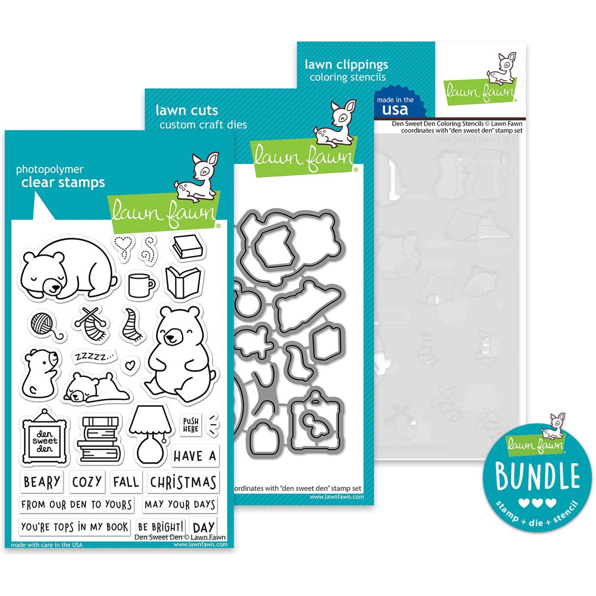 Lawn Fawn Den Sweet Den Stamps Dies and Coloring Stencils Bundle