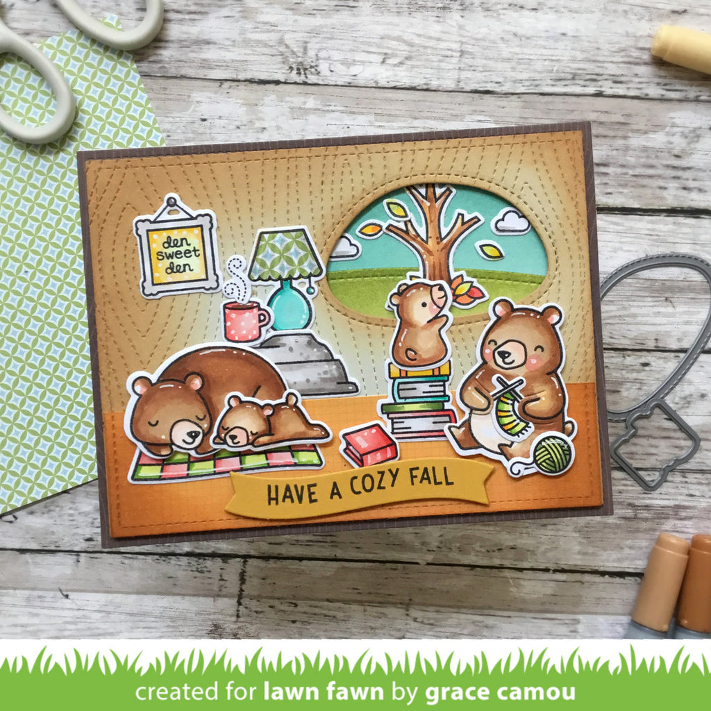 Lawn Fawn Den Sweet Den Stamps Dies and Coloring Stencils Bundle Cozy Fall-1