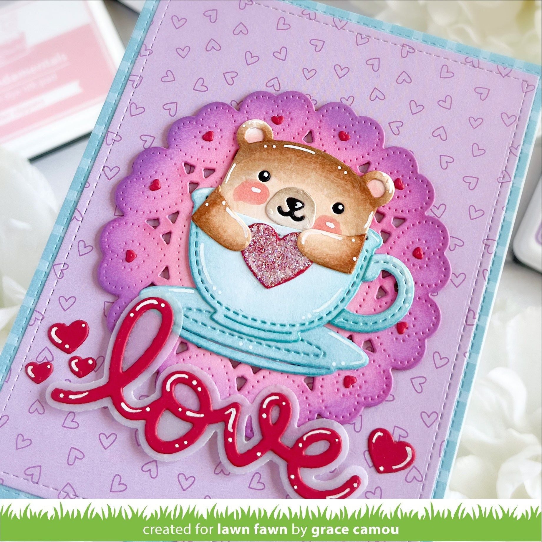 Lawn Fawn Doily Hearts Dies lf3612 Bear Teacup