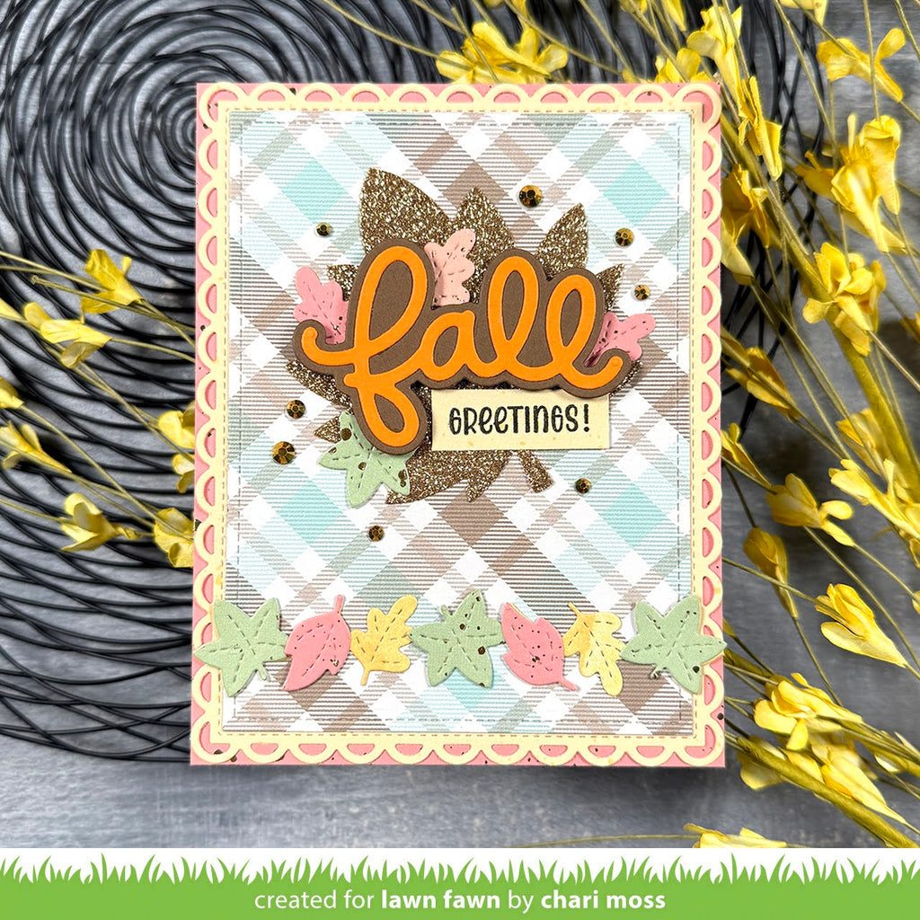 Autumn-themed greeting card with 'fall greetings!' text and decorative leaves on a checkered background.