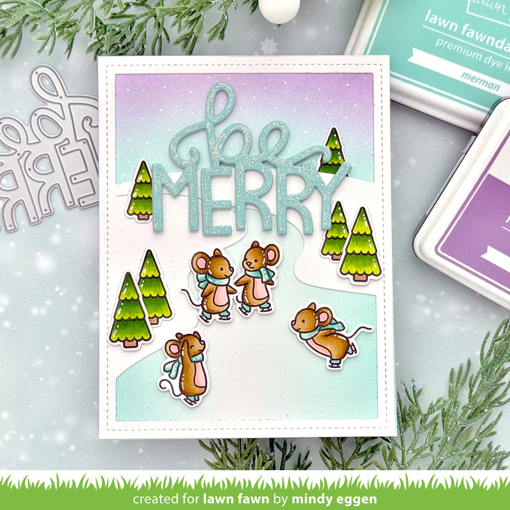 Holiday card with mice and trees on a gradient background, surrounded by crafting tools.