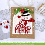 Christmas card with snowman and 'Merry' text on a white background