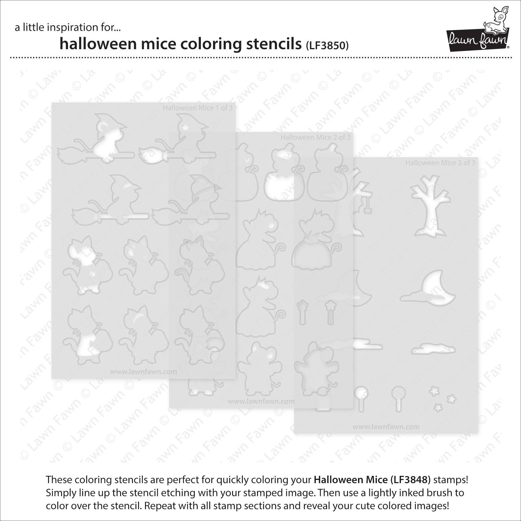 Lawn Fawn Halloween Mice Coloring Stencils lf3850 all laid out
