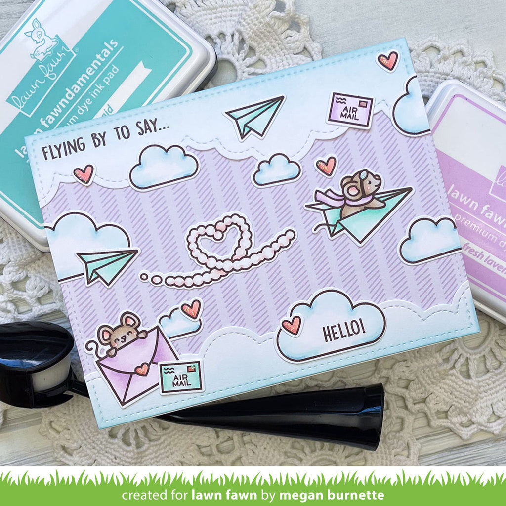 Lawn Fawn Have a Mice Flight Stamps Dies and Coloring Stencils purple background card with mice clouds paper airplanes and flying by to say hello sentiment