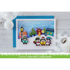 Christmas-themed card with penguins and festive elements on a white background
