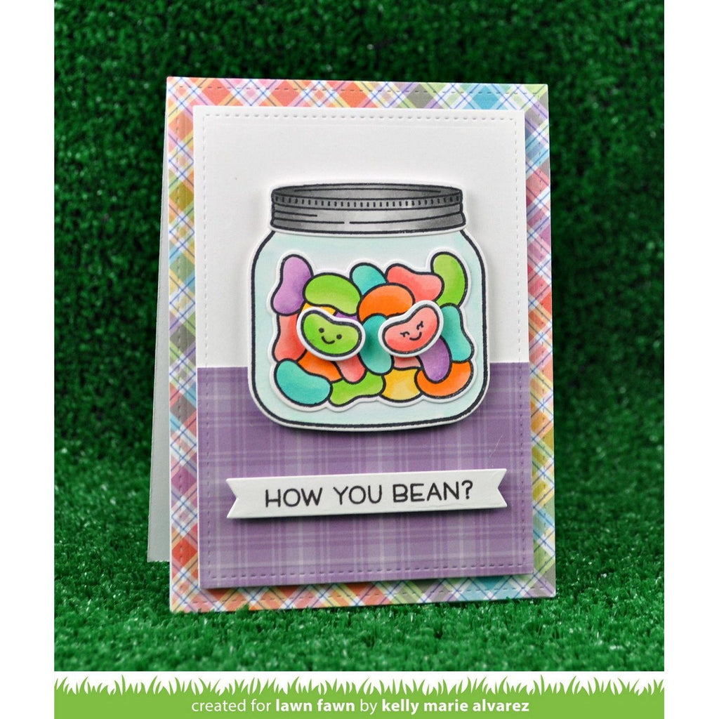 Card with a jar of colorful jelly beans and 'How you bean?' text on a checkered border.
