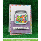 Card with a jar of colorful jelly beans and 'How you bean?' text on a checkered border.