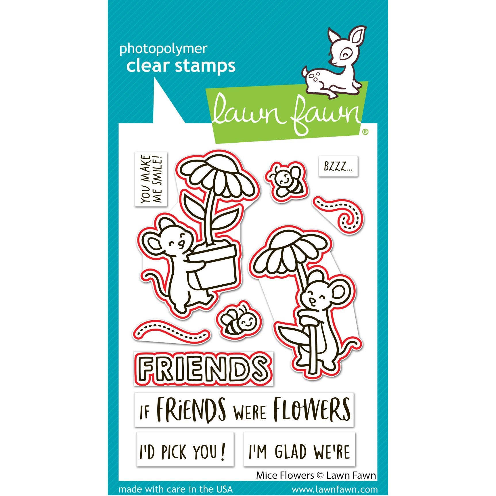 Lawn Fawn Mice Flowers Dies lf4077 red lines to indicate which stamps will be cut by coordinating dies