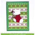 Decorative card with a red stocking and green patterned border, created for lawn fawn by Melissa Mann.