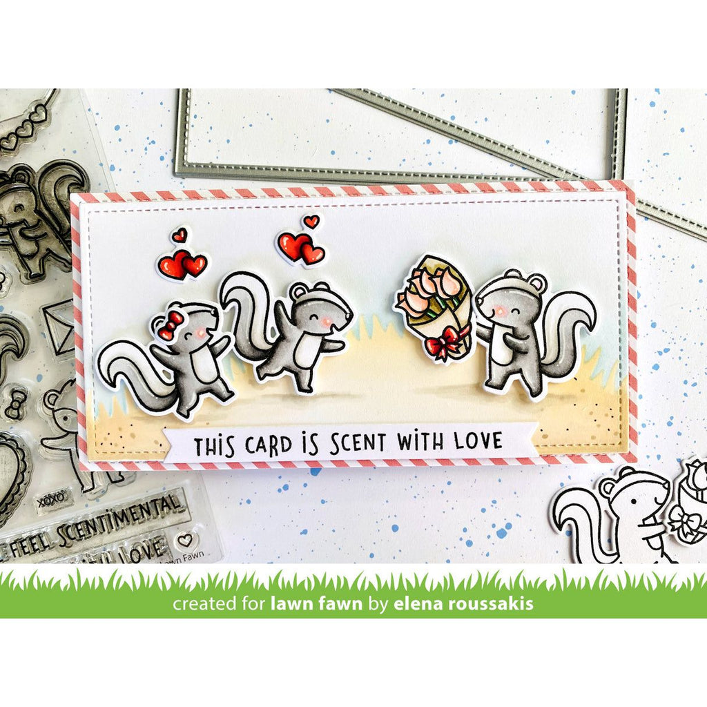Lawn Fawn Scent with Love Add-On Stamps Dies and Stencils mini slimline punny skunk love card