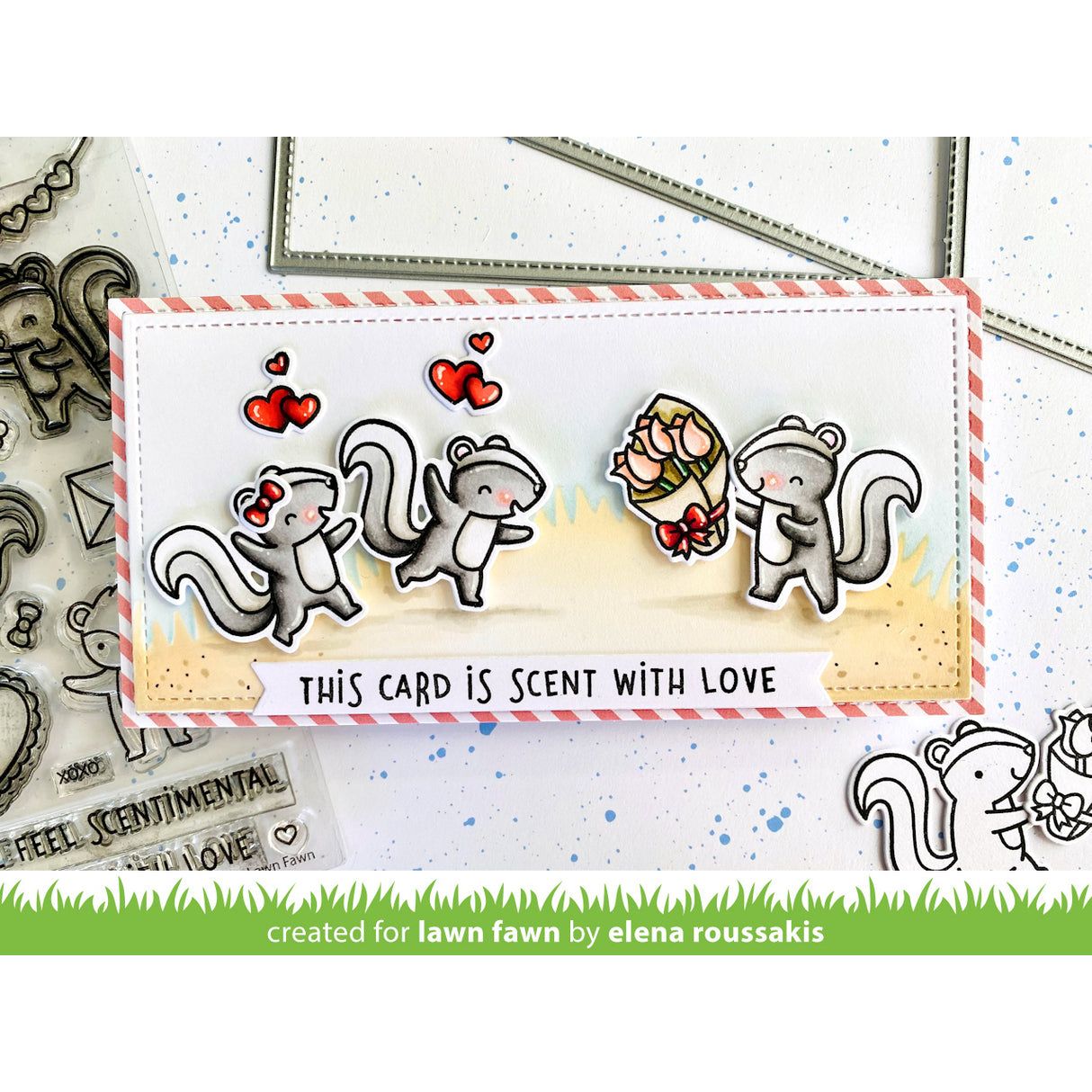 Lawn Fawn Scent with Love Add-On Stamps Dies and Stencils mini slimline punny skunk love card