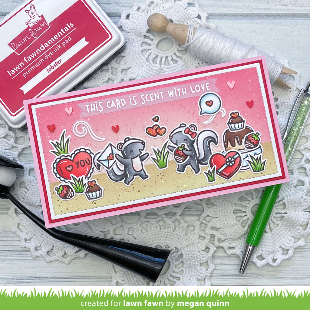Lawn Fawn Scent with Love Stamps Dies and Coloring Stencils slimline love card with skunks