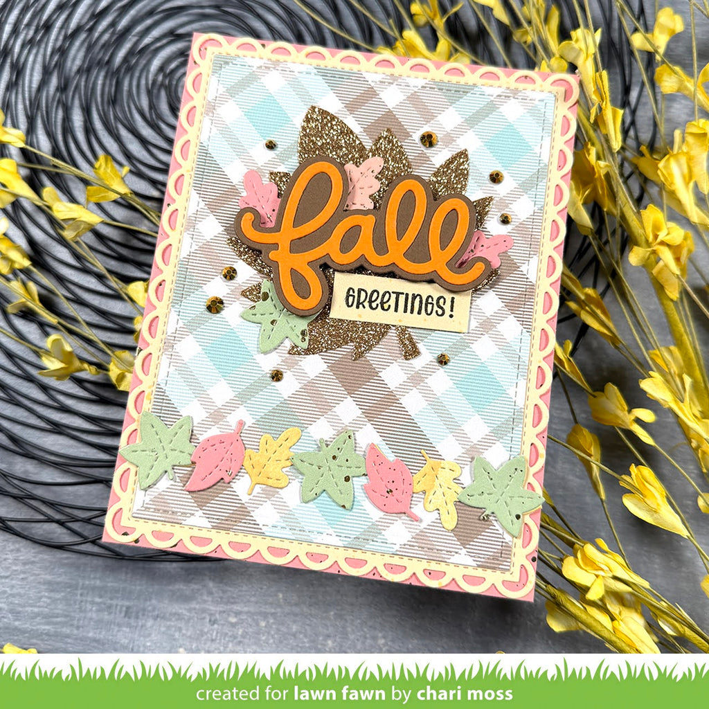 Autumn-themed card with 'fall greetings' text and leaf decorations on a decorative background.