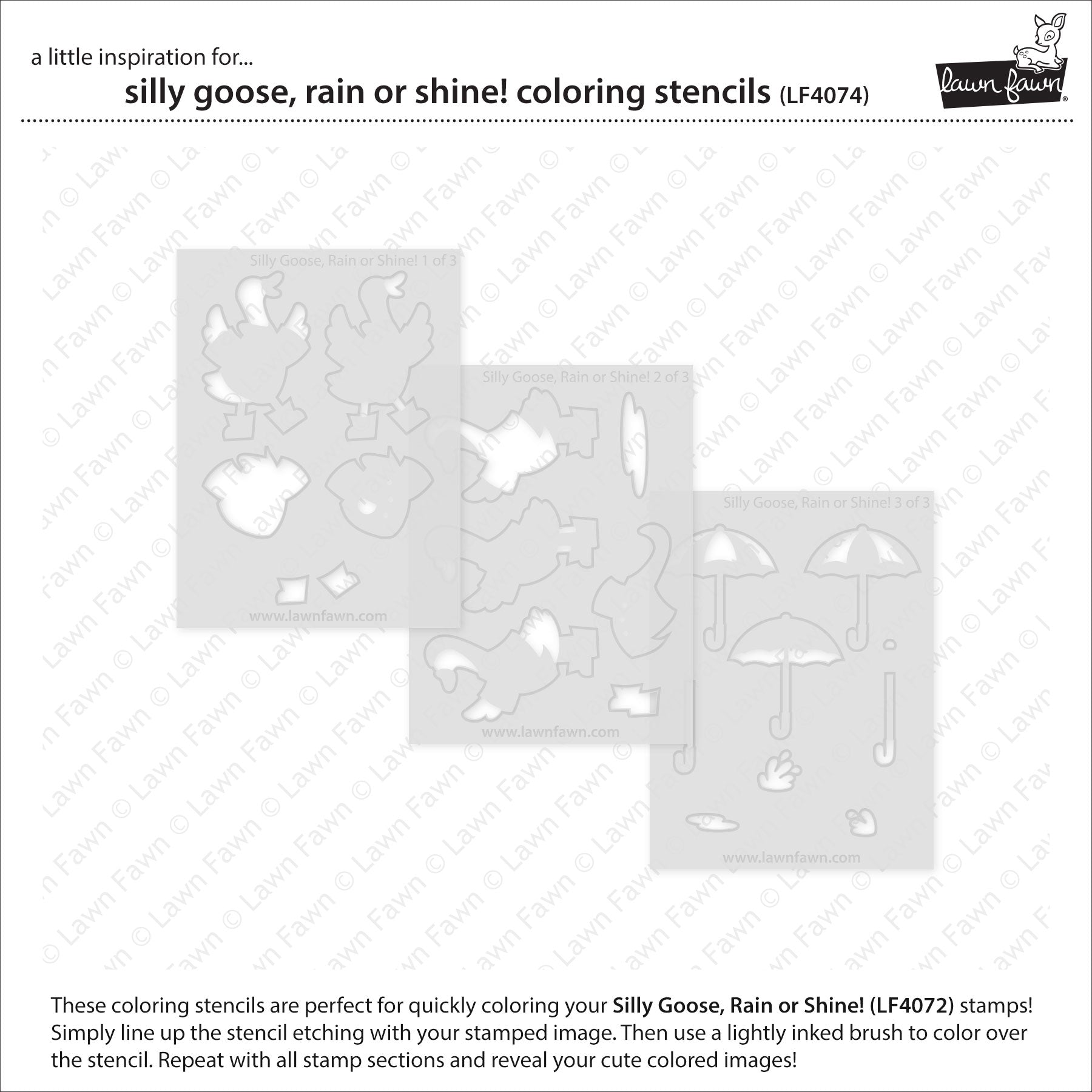Lawn Fawn Silly Goose, Rain or Shine! Coloring Stencils lf4074 showing each stencil
