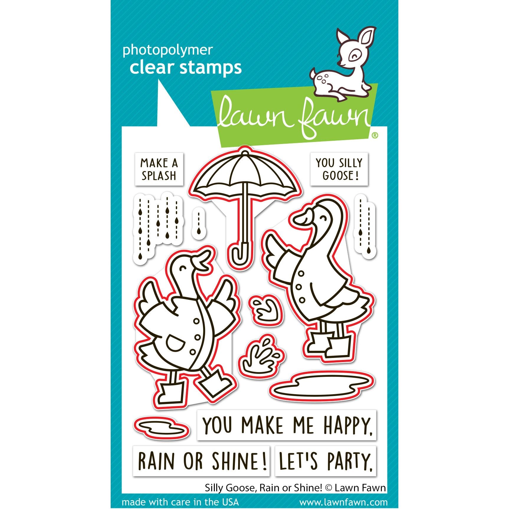 Lawn Fawn Silly Goose, Rain or Shine! Dies lf4073 red lines to indicate which stamps will be cut with coordinating dies