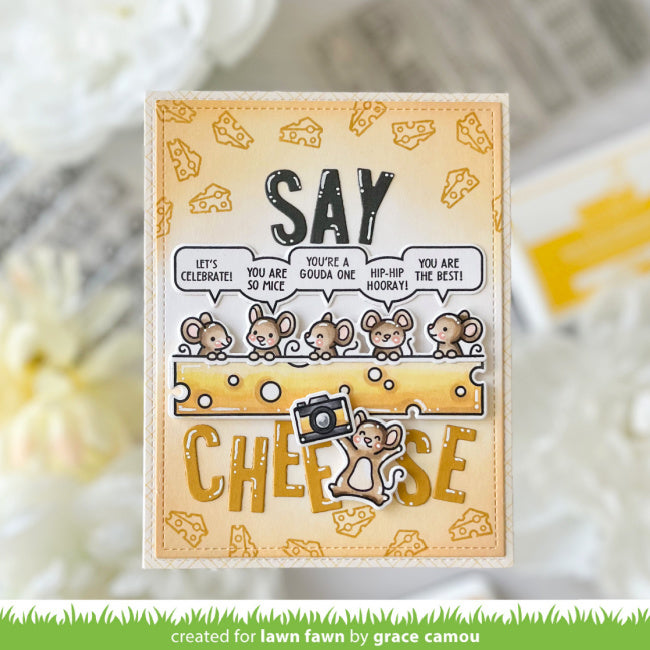 Lawn Fawn Simply Celebrate Hangouts Stamps Dies and Coloring Stencils Set say cheese