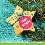 Star-shaped decorative item with 'Happy Holidays' tag on a textured teal background with greenery.