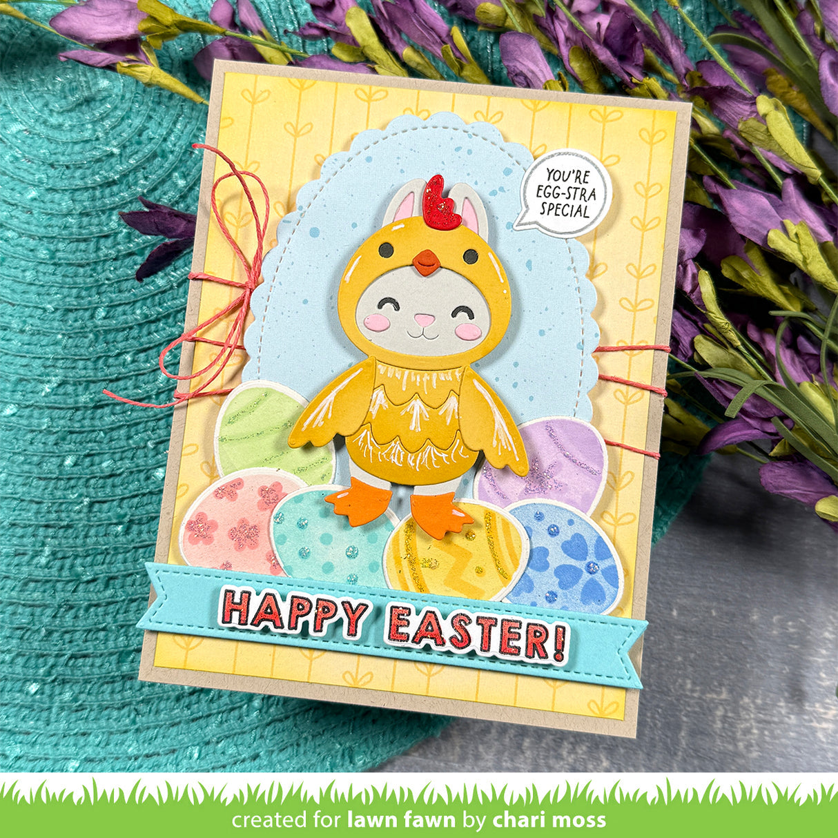 Lawn Fawn Stitched Scalloped Oval Stackables Dies lf4050 bunny in chick costume happy easter card