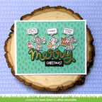 Christmas card with cartoon mice on a wooden slice against a blue background