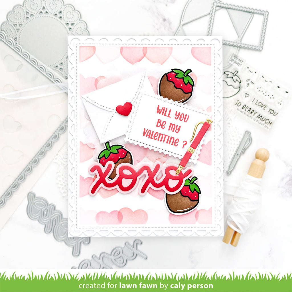 Lawn Fawn Sweet Strawberry Stamps Dies and Coloring Stencil Set xoxo