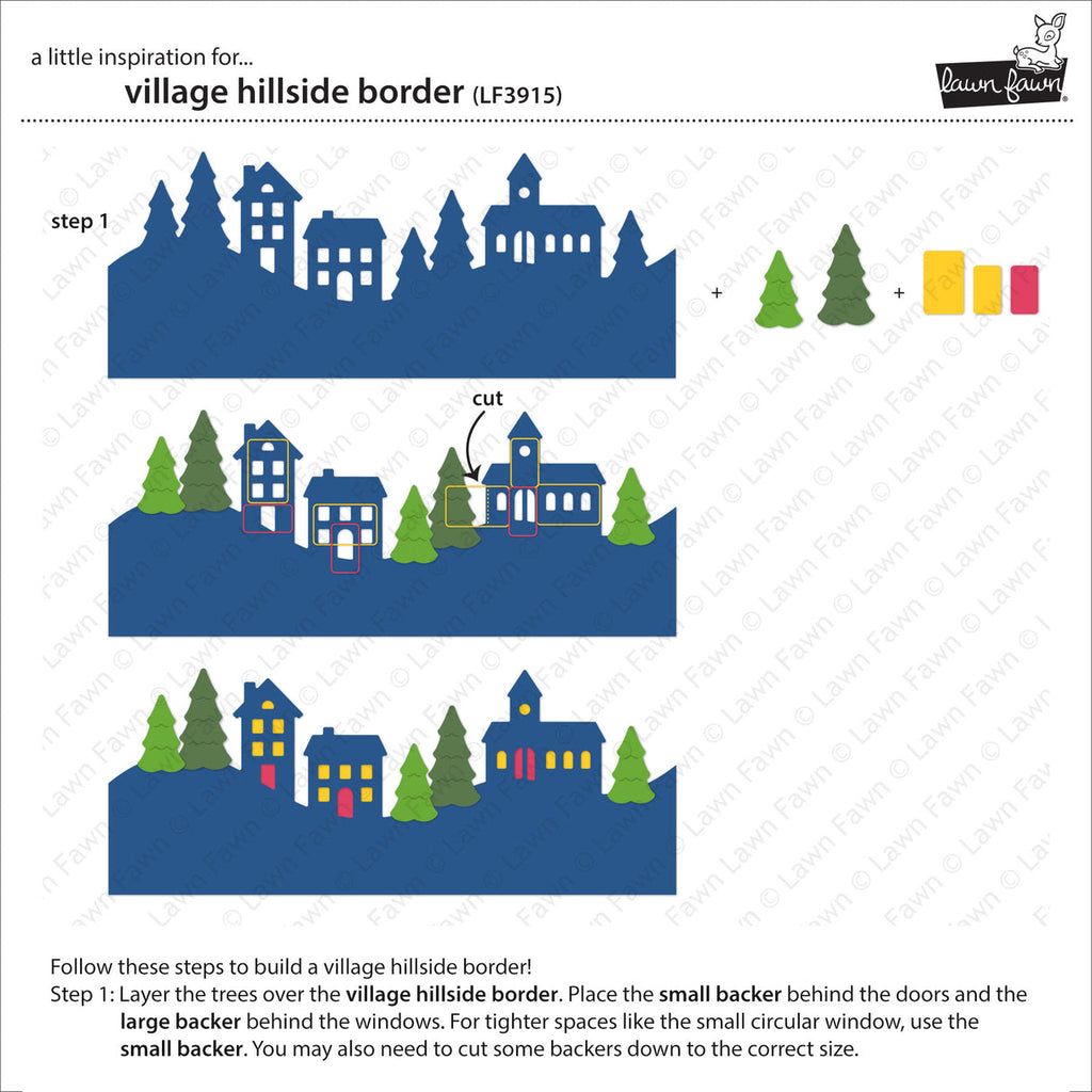 Instructions for building a village hillside border with blue houses, green trees, and colorful backers.