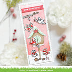Card with birdhouse and birds design, featuring text 'Sending joy from our flock', on a soft pink background.