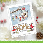 Holiday-themed card with birds and text 'There's no place like home for the holidays' on a blurred floral background.