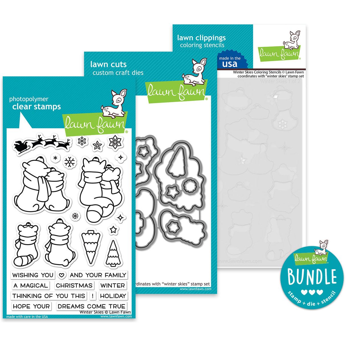 Lawn Fawn Winter Skies Stamps Dies and Coloring Stencils Bundle