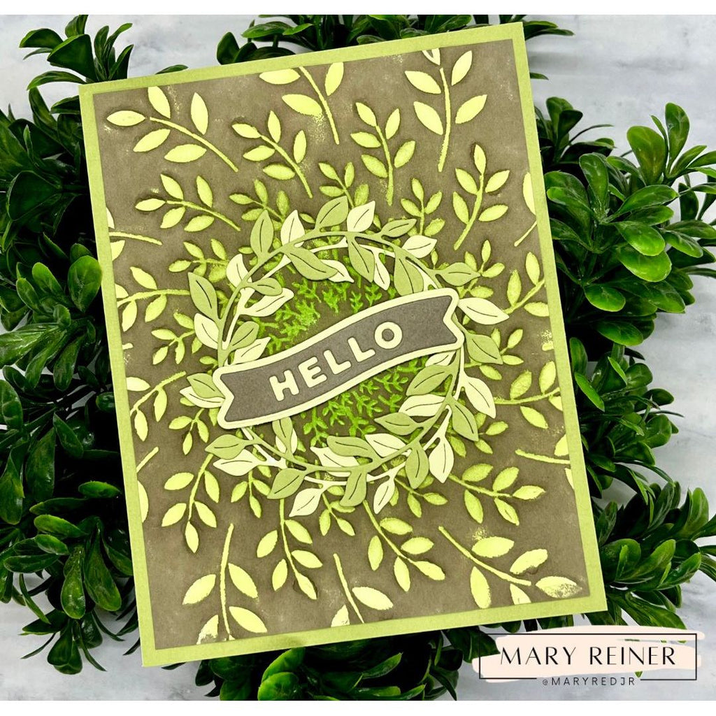 Simon Says Stamp Embossing Folder Leaf Spin sf554 Beautiful Moments Hello Card
