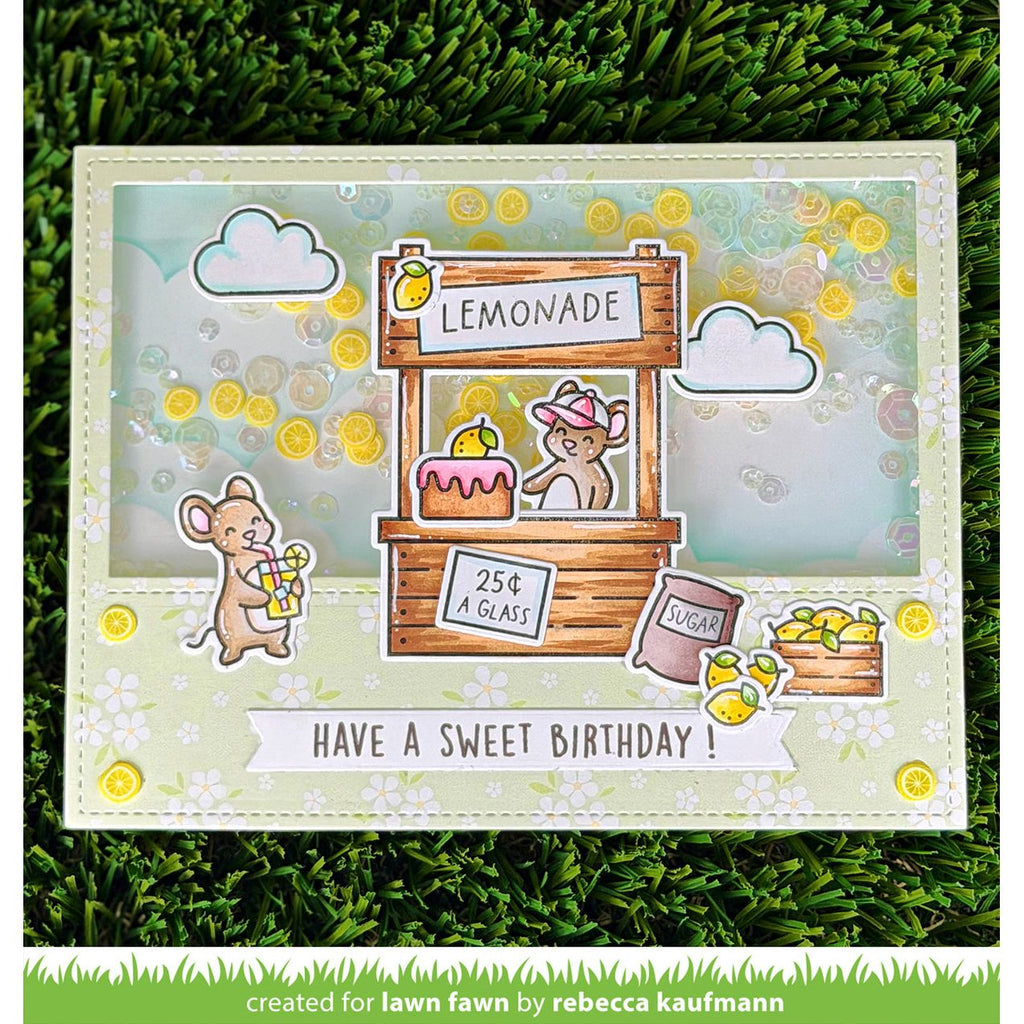 Lemonade stand card with two mice and a birthday message on a grass background