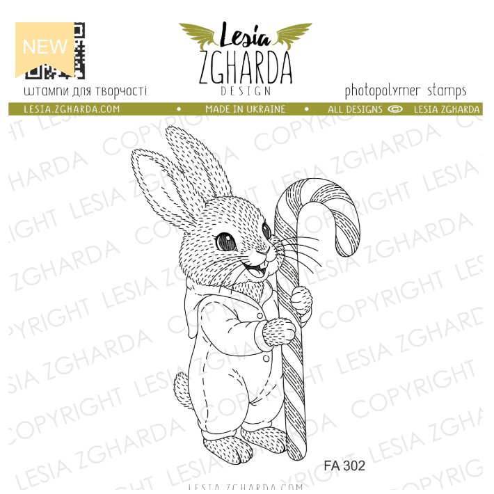 Lesia Zgharda Bunny in Pajamas and Candy Cane Clear Stamp Set fa302