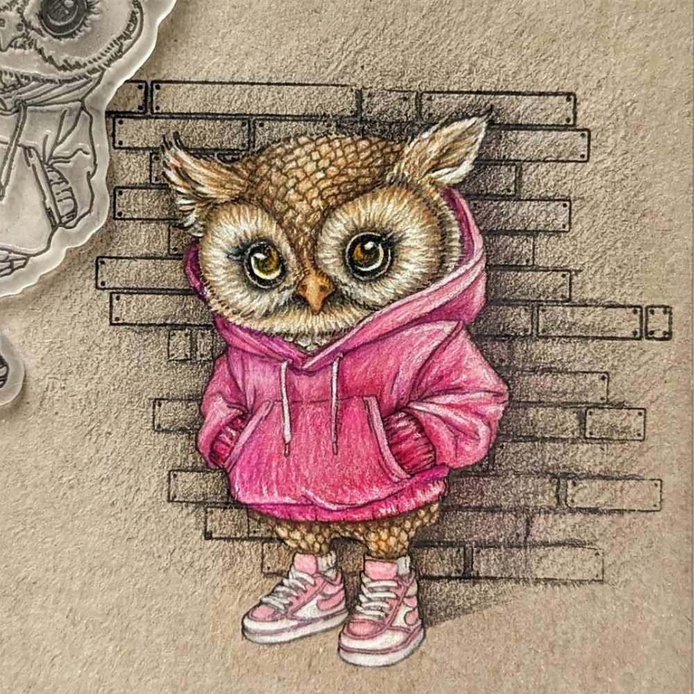 Lesia Zgharda Cool Owl in a Hoodie Clear Stamp Set fa268 pink