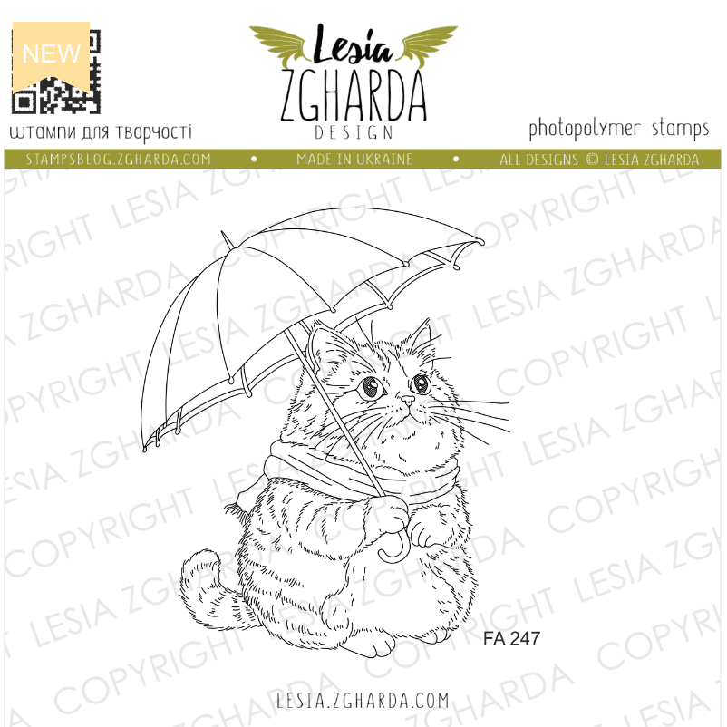 Lesia Zgharda Cute Cat Under an Umbrella Clear Stamp Set fa247