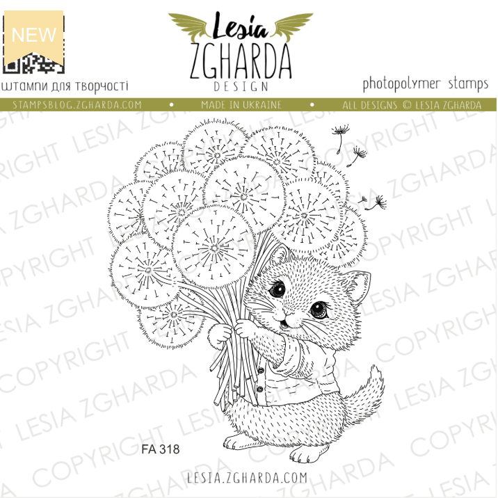 Lesia Zgharda Kitty Dandelion Bouquet Clear Stamp Set fa318