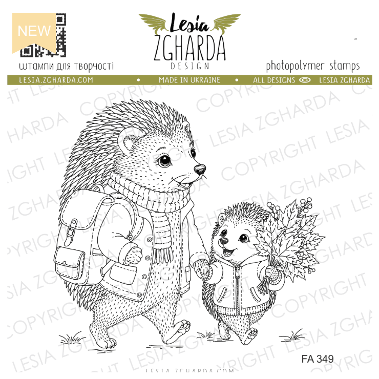 Lesia Zgharda Papa and Baby Hedgehog with Leaf Bouquet Clear Stamp Set fa349
