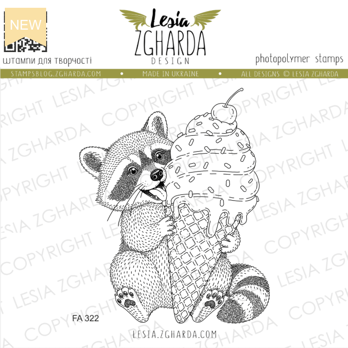 Lesia Zgharda Raccoon with Ice Cream Clear Stamp Set fa322