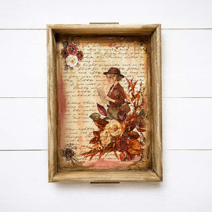 Stamperia Our Way Rub Ons dflrbxg15 bouquet of flowers woman wearing hat tray