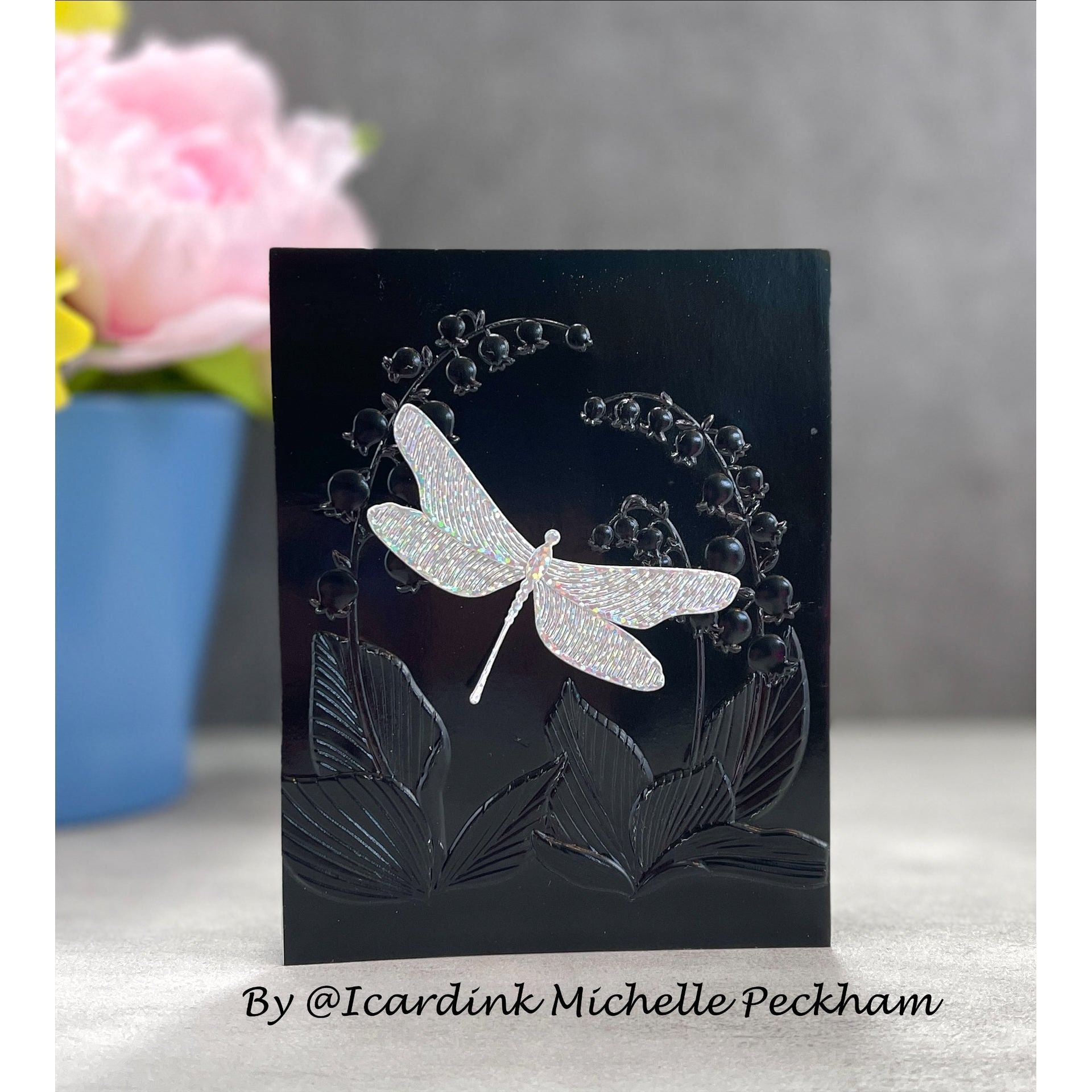 Simon Says Stamp Embossing Folder Lily Of The Valley Arch sf407 Be Bold Moody Dragonfly Card