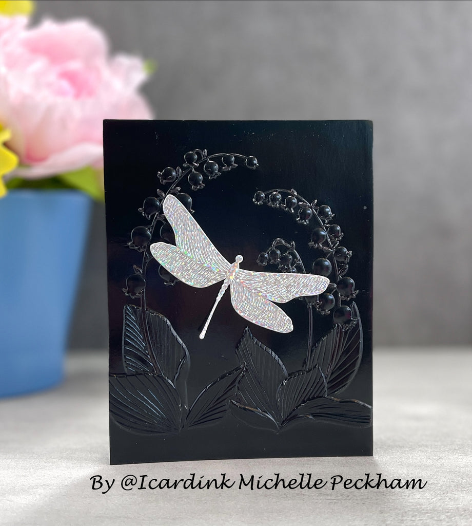 Simon Says Stamp Embossing Folder Lily Of The Valley Arch sf407 Be Bold Moody Dragonfly Card