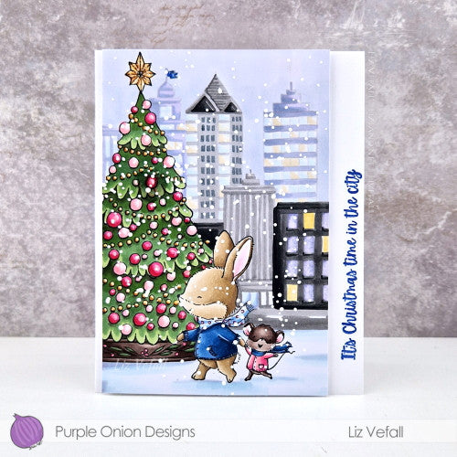 Purple Onion Designs City Christmas Tree Cling Stamp pod1375 Christmas Time In The City Card