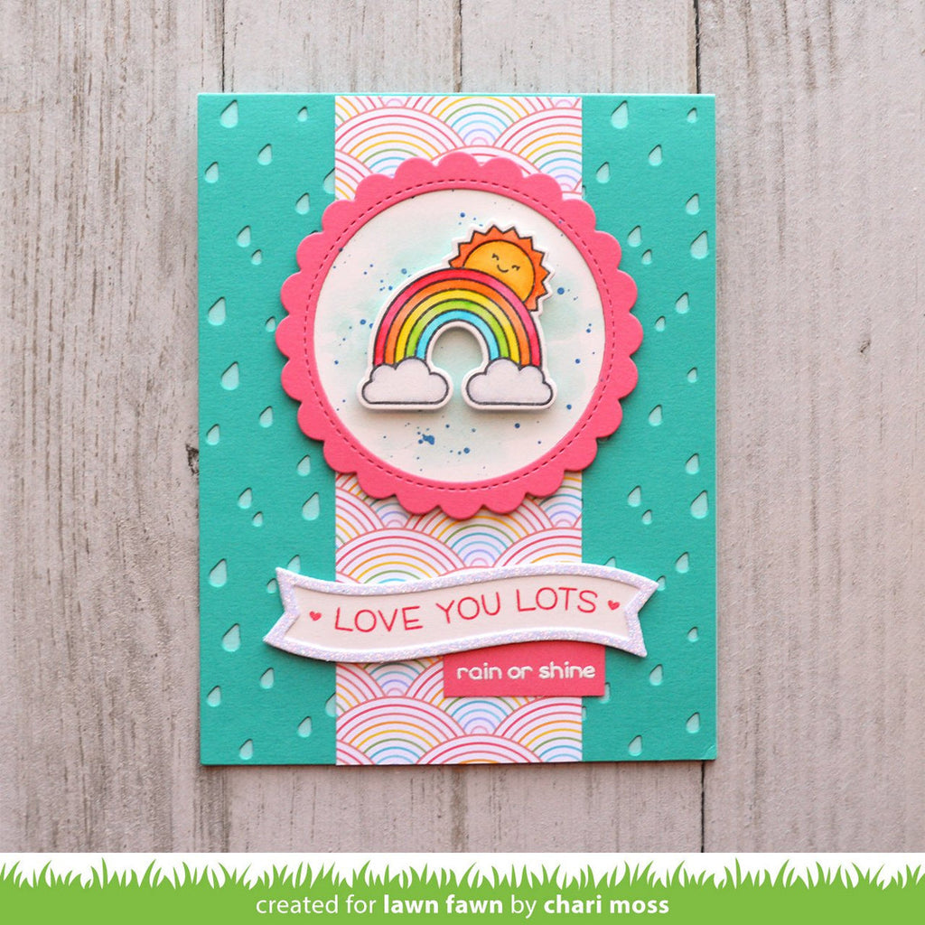 Love you lots rain or shine card with raindrops background and rainbow and sun in the center