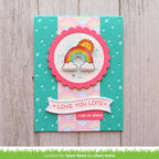 Love you lots rain or shine card with raindrops background and rainbow and sun in the center